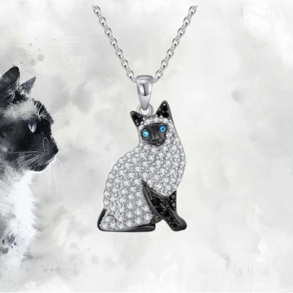 Siamese Cat Necklace Blue Eyes Rhinestones Kitty - Picture 1 of 10